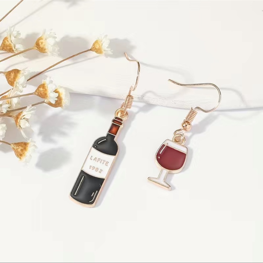 Asymmetry Red Wine Bottle Cup Dangle Drop Earrings Statement Jewelry Gifts